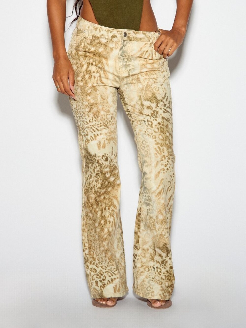 Khaki Casual Women's Mixed Animal Print Zipper Fly Bootcut Jeans